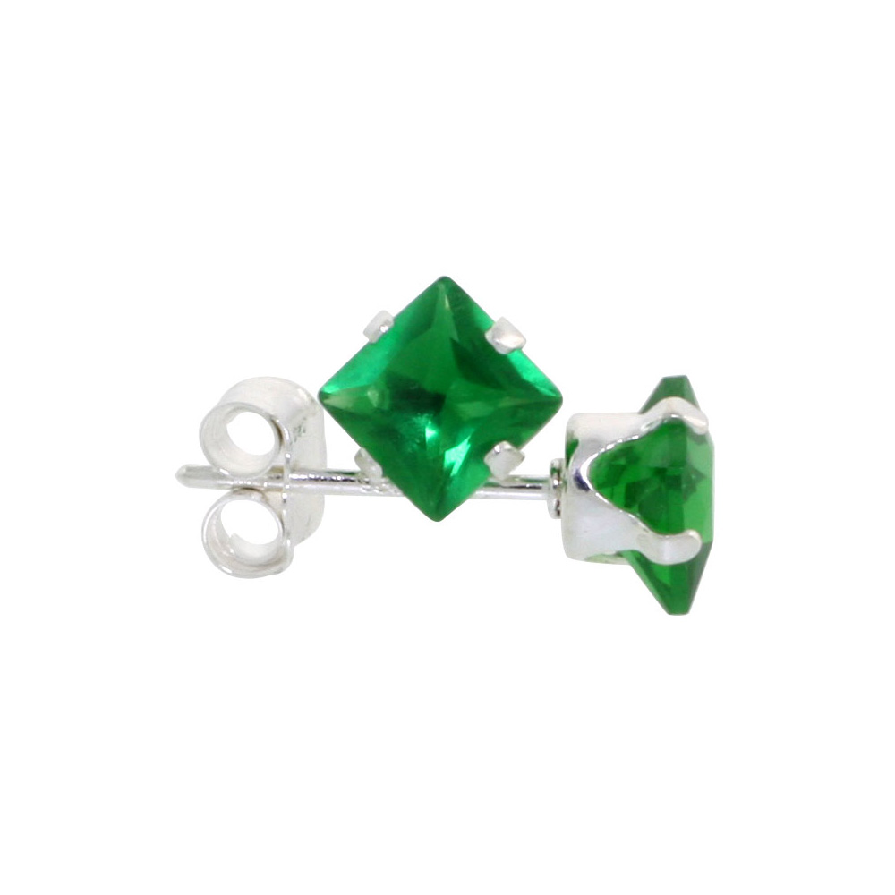 3 Pair Set Sterling Silver Cubic Zirconia Square Emerald Earrings Studs 4 mm Princess cut Green Color 3/4 ct./pr
