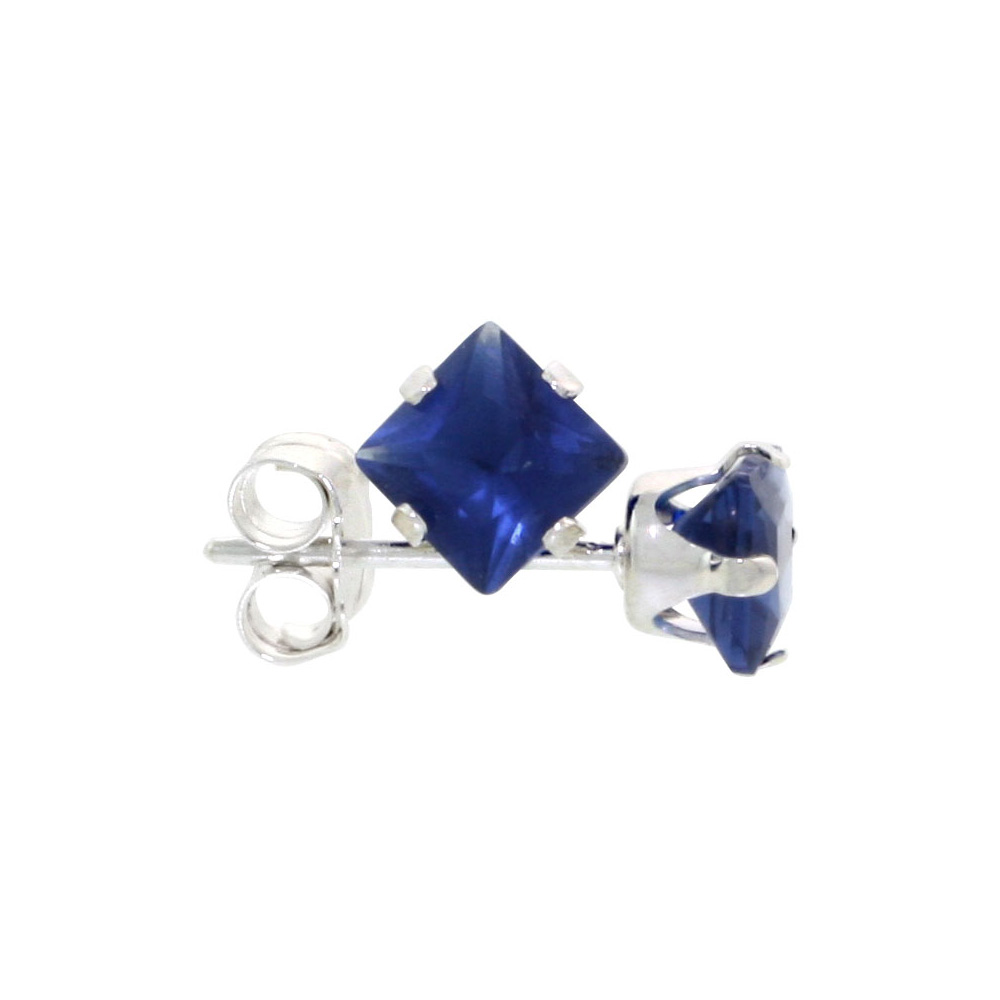 3 Pair Set Sterling Silver Cubic Zirconia Square Sapphire Earrings Studs 4 mm Princess cut Navy color 3/4 ct./pr
