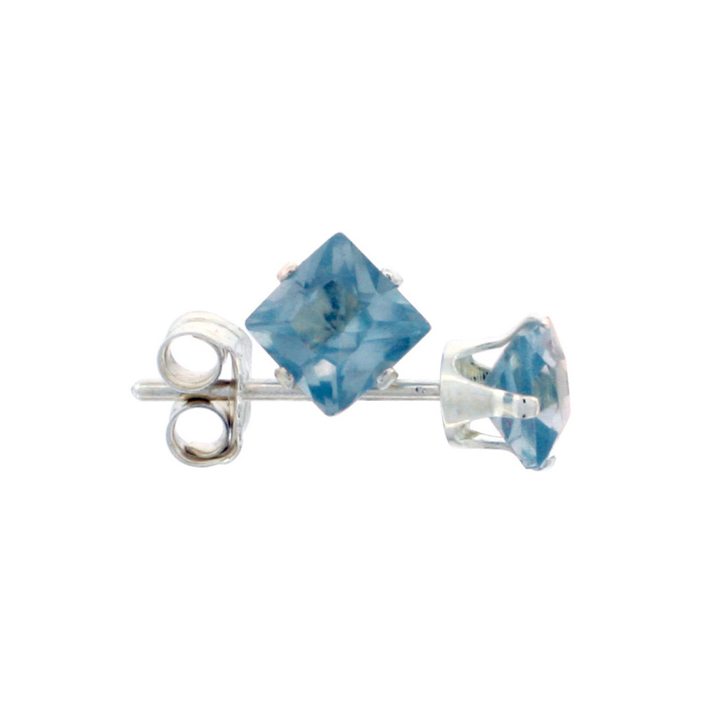 3 Pair Set Sterling Silver Cubic Zirconia Square Blue Topaz Earrings Studs 4 mm Princess cut 3/4 ct./pr