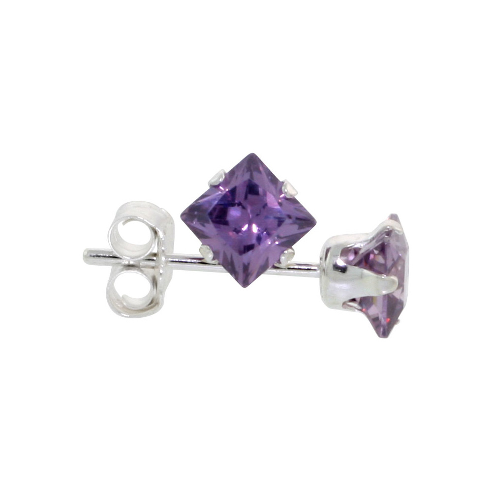 3 Pair Set Sterling Silver Cubic Zirconia Square Amethyst Earrings Studs 4 mm Princess cut Purple Color 3/4 ct./pr