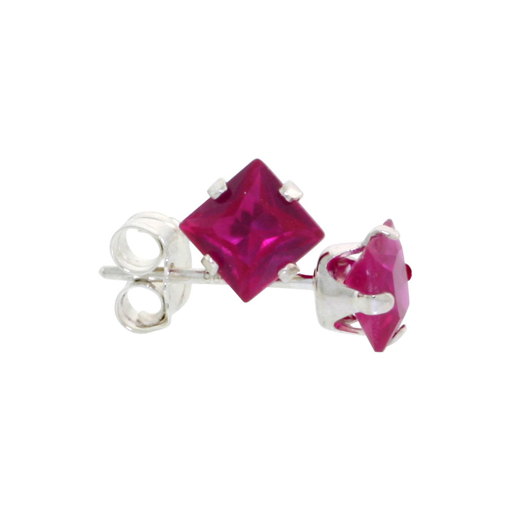 10 Pair Set Sterling Silver Cubic Zirconia Square Ruby Earrings Studs 4 mm Princess cut Red Color 3/4 ct./pr
