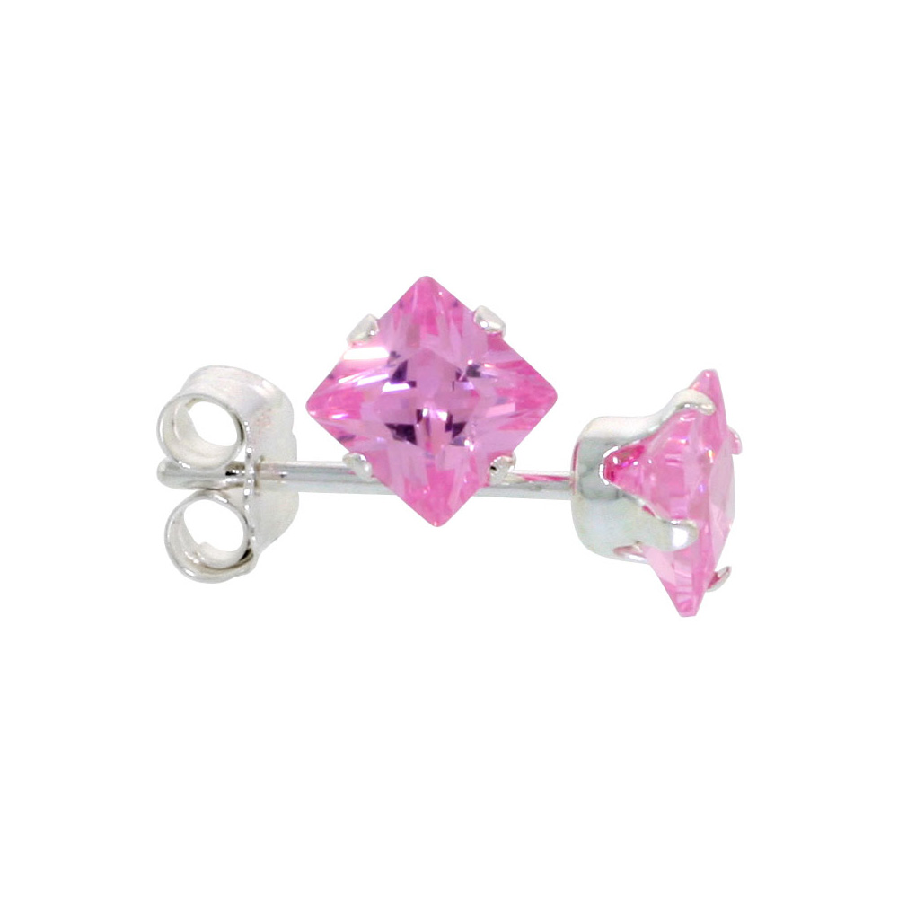 3 Pair Set Sterling Silver Cubic Zirconia Square Pink Earrings Studs 4 mm Princess cut 3/4 ct./pr