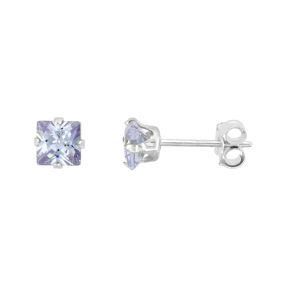 3 Pair Set Sterling Silver Cubic Zirconia Square Earrings Studs 4 mm Princess cut Lavender 3/4 ct./pr