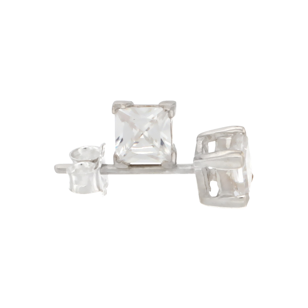 Sterling Silver Cubic Zirconia Square Earrings Studs 4 mm Princess cut Basket Setting 0.80 ct./pr