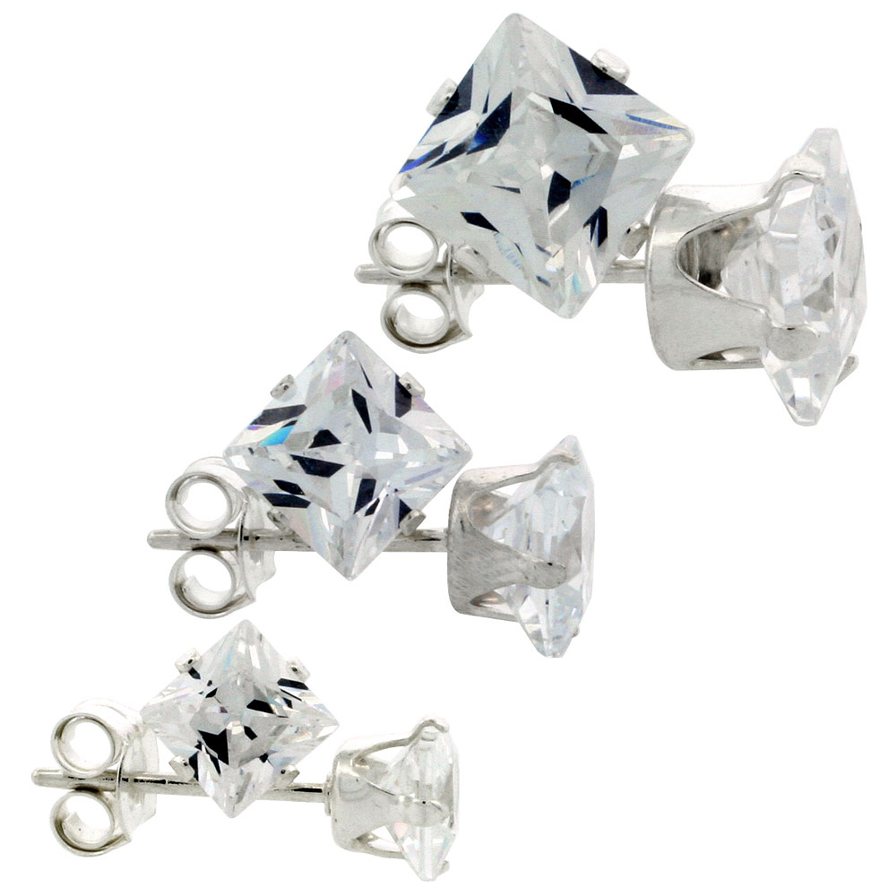 3 Pair Set Sterling Silver Cubic Zirconia Square Earrings Studs 4 5 and 6mm Princess cut
