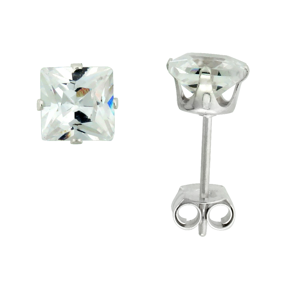 3 Pair Set Sterling Silver Cubic Zirconia Square Earrings Studs 4 Prong 5 mm Princess cut 1.5 ct./pr