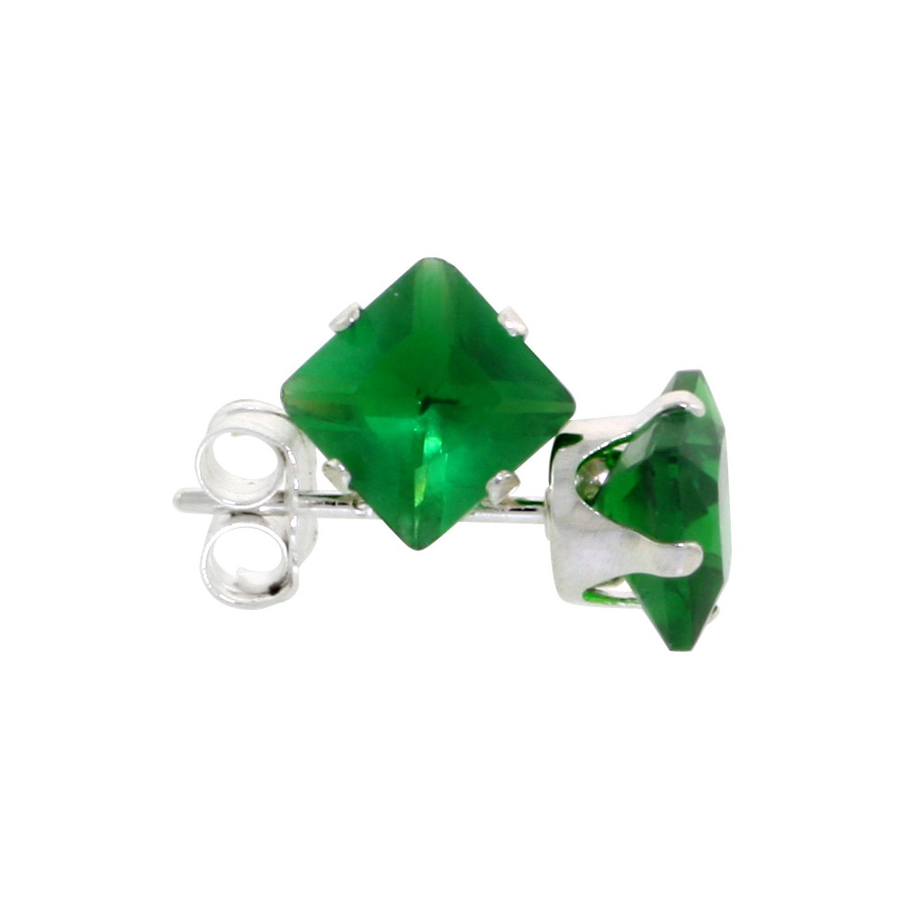 3 Pair Set Sterling Silver Cubic Zirconia Square Emerald Earrings Studs 5 mm Princess cut Green Color 1.5 ct./pr