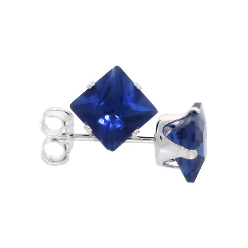 3 Pair Set Sterling Silver Cubic Zirconia Square Sapphire Earrings Studs 5 mm Princess cut Navy color 1.5 ct./pr