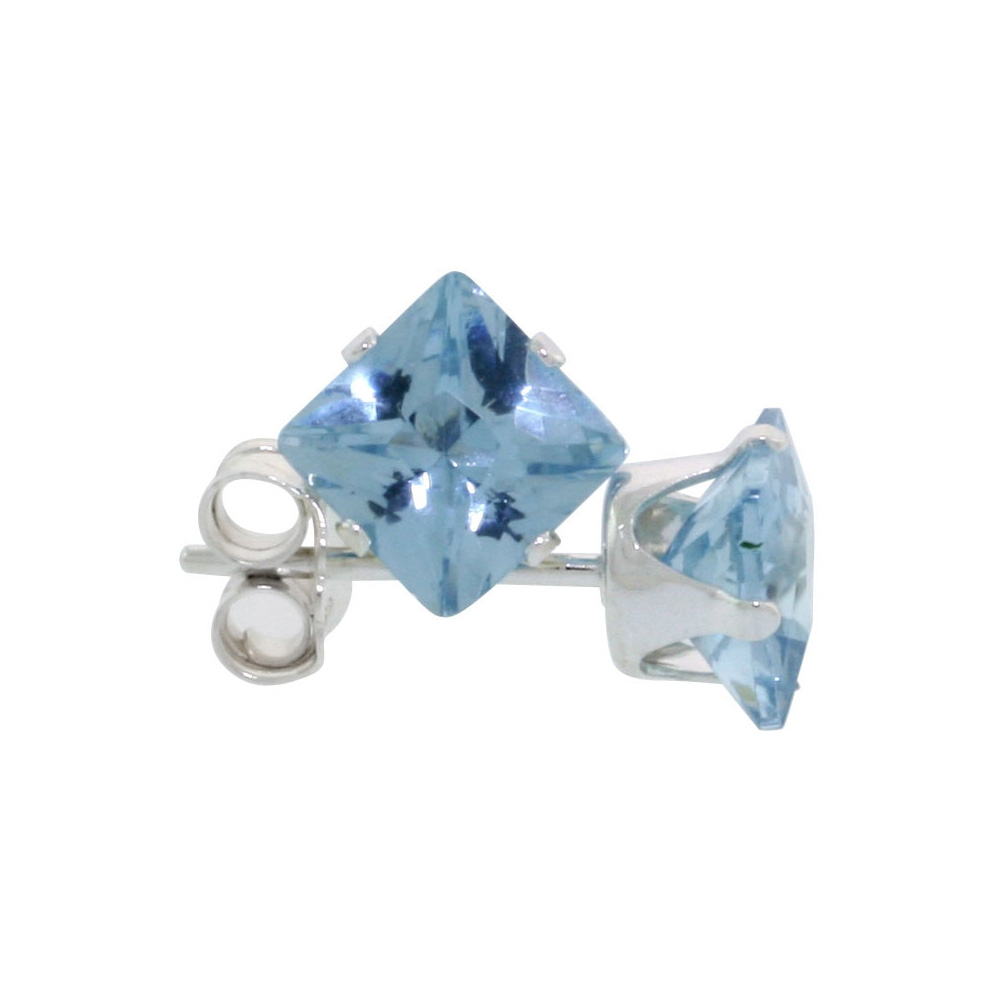 3 Pair Set Sterling Silver Cubic Zirconia Square Blue Topaz Earrings Studs 5 mm Princess cut Topaz Blue 1.5 ct./pr