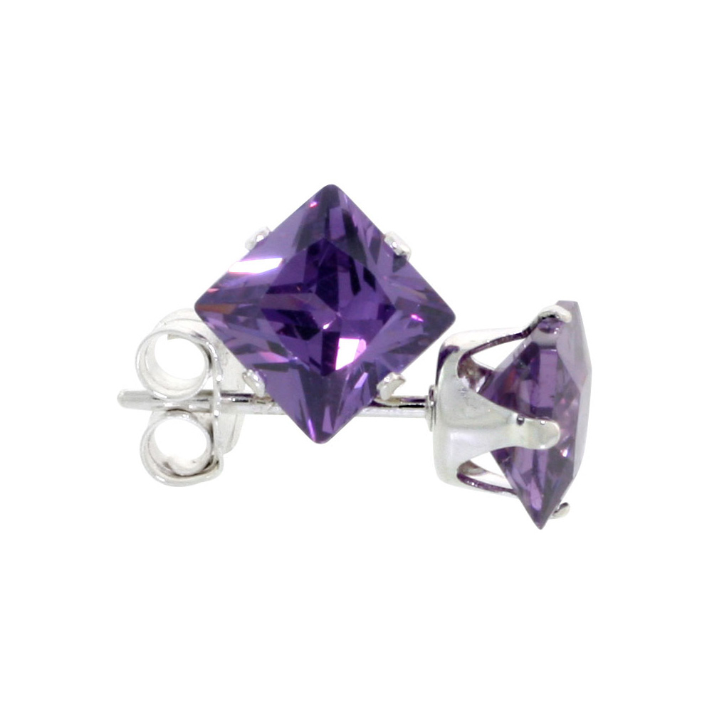 3 Pair Set Sterling Silver Cubic Zirconia Square Amethyst Earrings Studs 5 mm Princess cut Purple Color 1.5 ct./pr