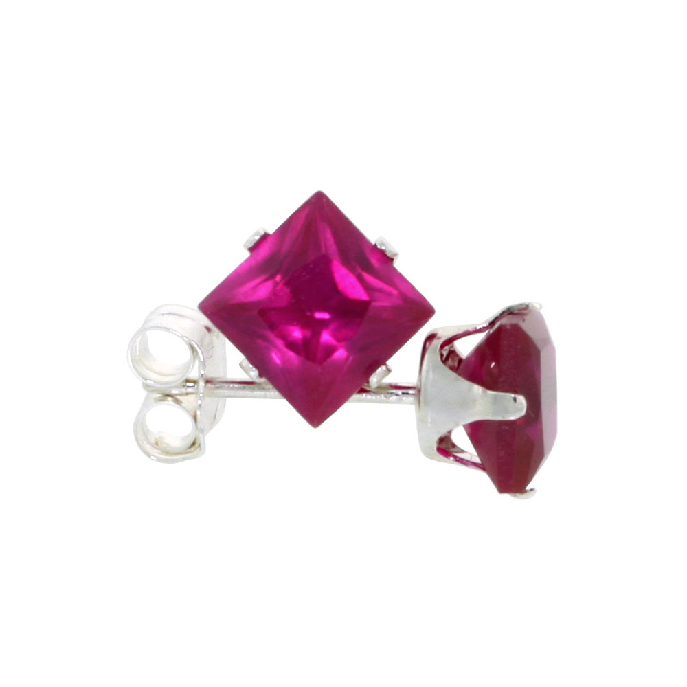 3 Pair Set Sterling Silver Cubic Zirconia Square Ruby Earrings Studs 5 mm Princess cut Red Color 1.5 ct./pr