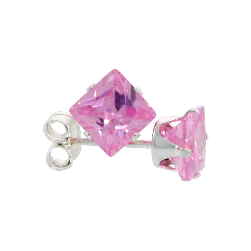 3 Pair Set Sterling Silver Cubic Zirconia Square Pink Earrings Studs 5 mm Princess cut 1.5 ct./pr