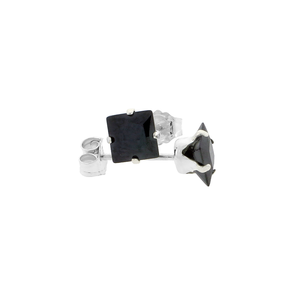 3 Pair Set Sterling Silver Cubic Zirconia Square Black Earrings Studs 5 mm Princess cut 1.5 ct./pr