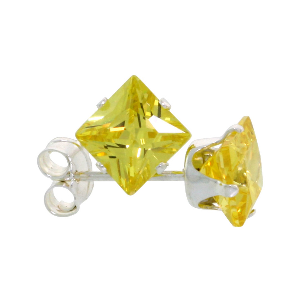 3 Pair Set Sterling Silver Cubic Zirconia Square Citrine Earrings Studs 5 mm Princess cut Yellow 1.5 ct./pr