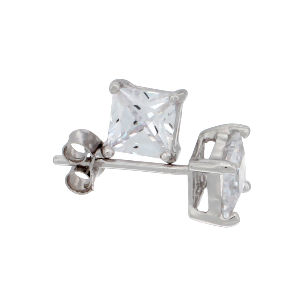 Sterling Silver Cubic Zirconia Square Earrings Studs 5 mm Princess cut Basket Setting 1.5 ct./pr