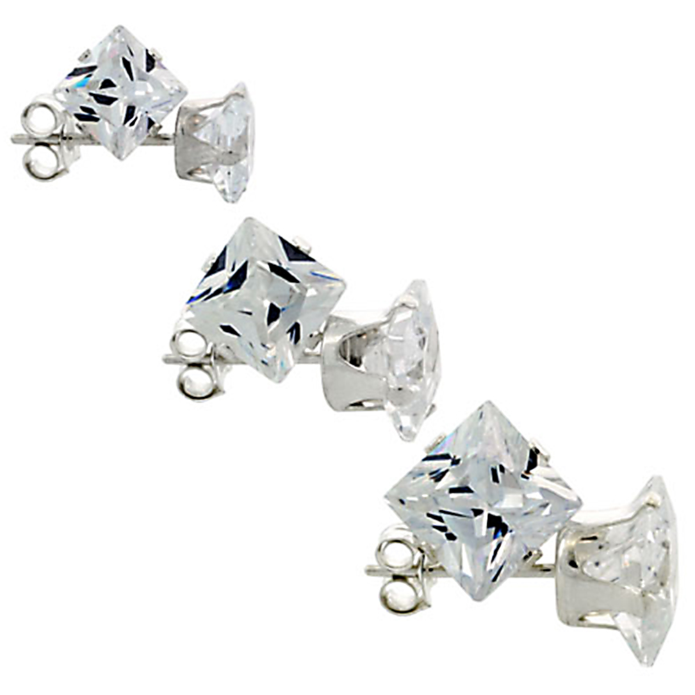3 Pair Set Sterling Silver Cubic Zirconia Square Earrings Studs 5 6 and 7mm Princess cut