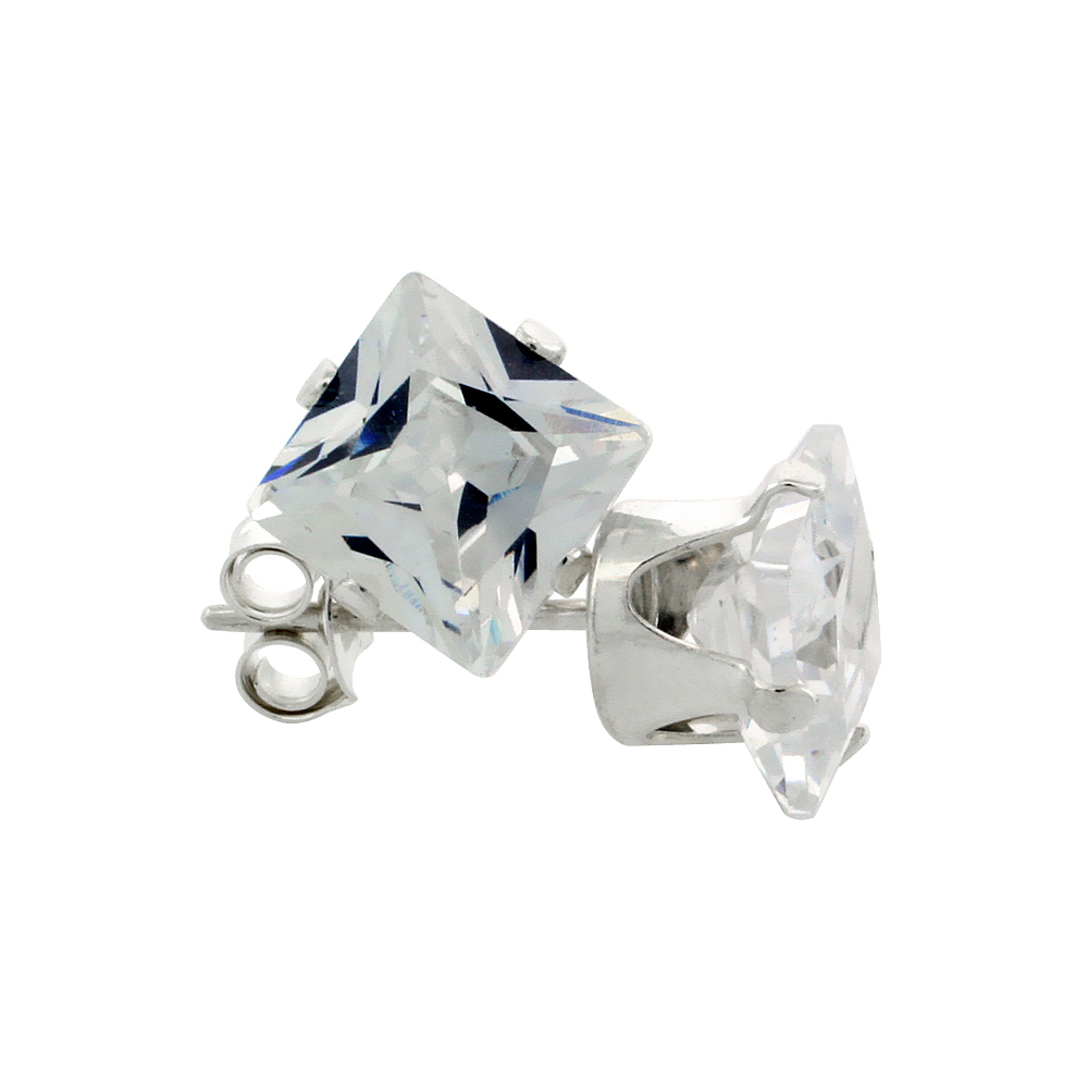 3 Pair Set Sterling Silver Cubic Zirconia Square Earrings Studs 4 Prong 6 mm Princess cut 2.5 ct./pr