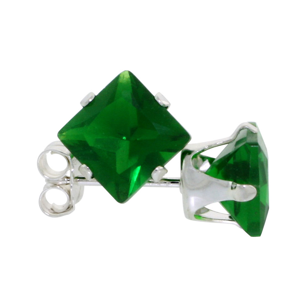3 Pair Set Sterling Silver Cubic Zirconia Square Emerald Earrings Studs 6 mm Princess cut Green Color 2.5 ct./pr