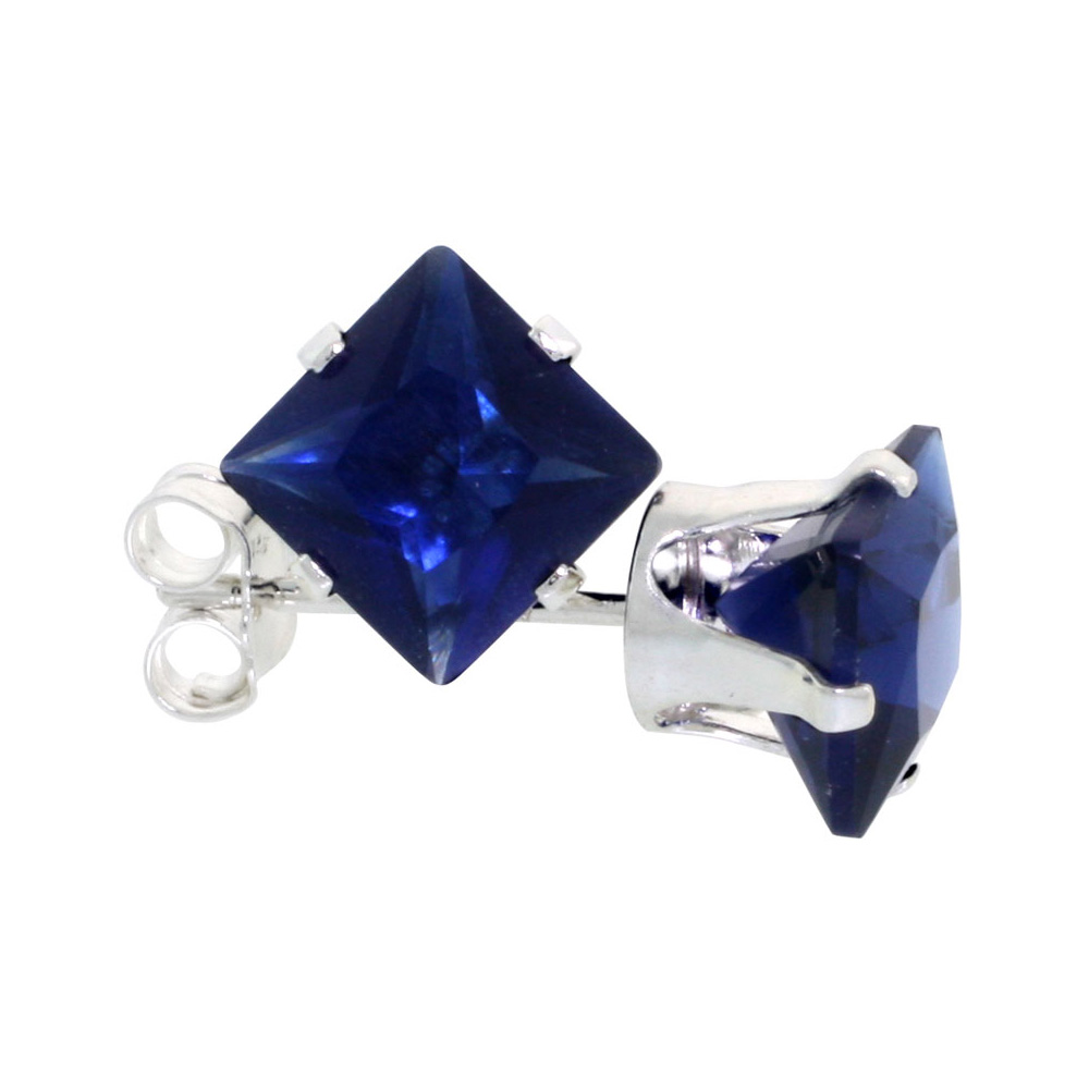 3 Pair Set Sterling Silver Cubic Zirconia Square Sapphire Earrings Studs 6 mm Princess cut Navy color 2.5 ct./pr