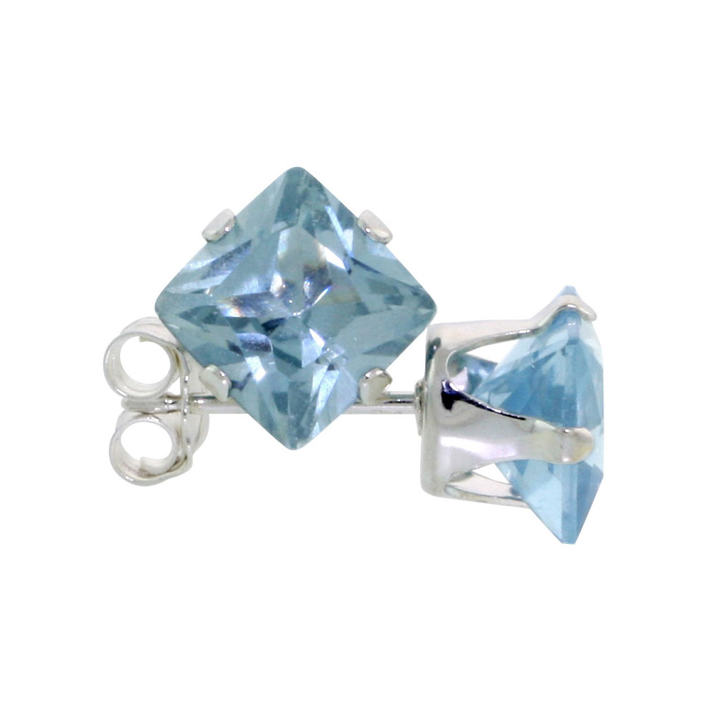 3 Pair Set Sterling Silver Cubic Zirconia Square Blue Topaz Earrings Studs 6 mm Princess cut 2.5 ct./pr