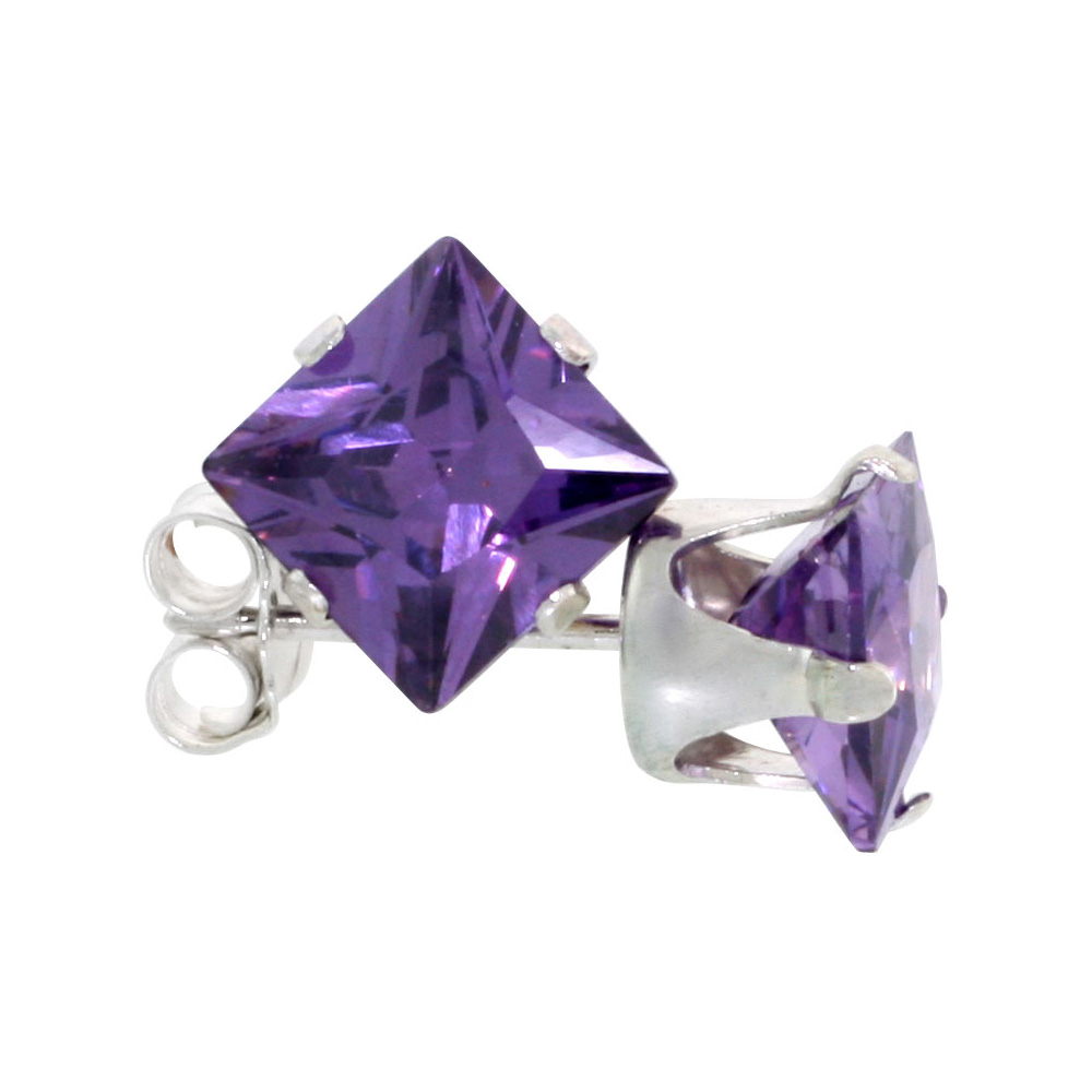 10 Pair Set Sterling Silver Cubic Zirconia Square Amethyst Earrings Studs 6 mm Princess cut Purple Color 2.5 ct./pr