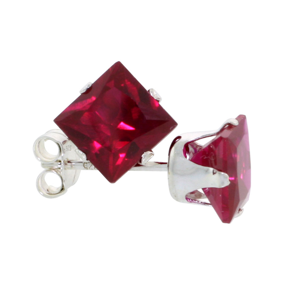 10 Pair Set Sterling Silver Cubic Zirconia Square Ruby Earrings Studs 6 mm Princess cut Red Color 2.5 ct./pr
