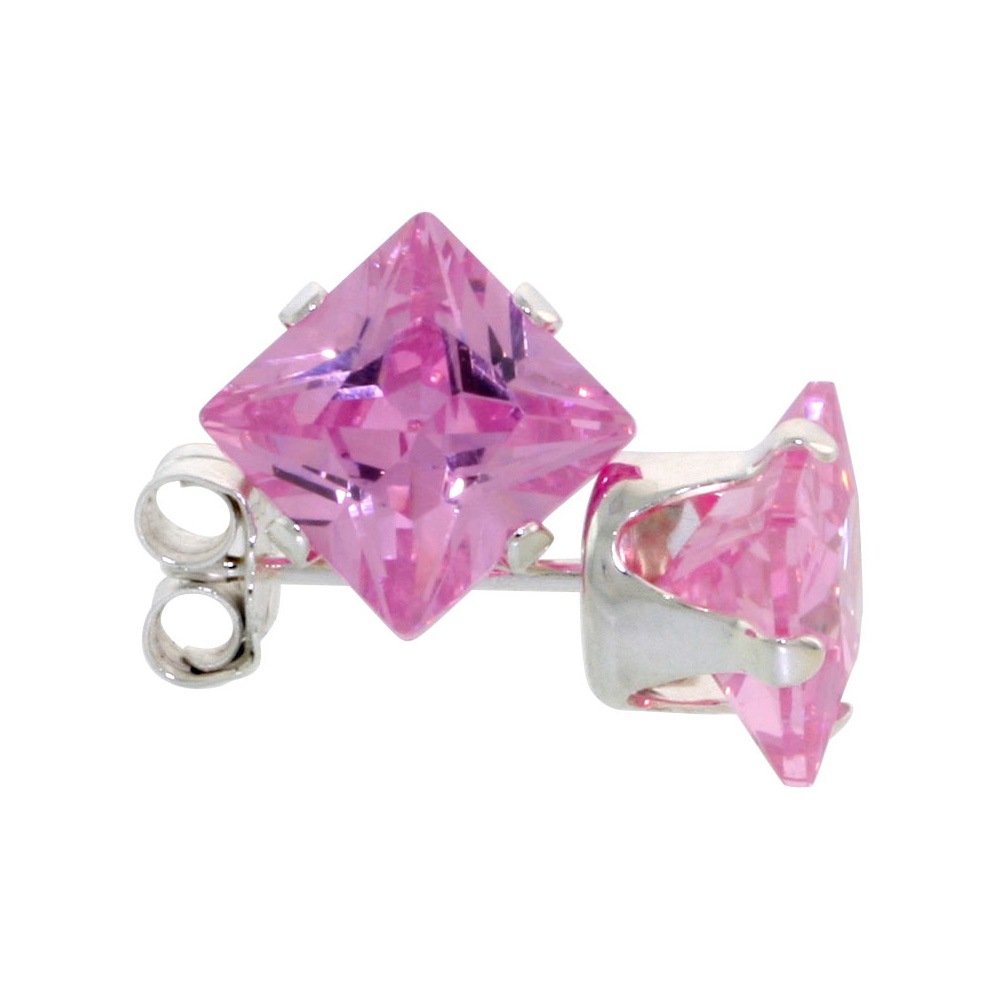 3 Pair Set Sterling Silver Cubic Zirconia Square Pink Earrings Studs 6 mm Princess cut 2.5 ct./pr