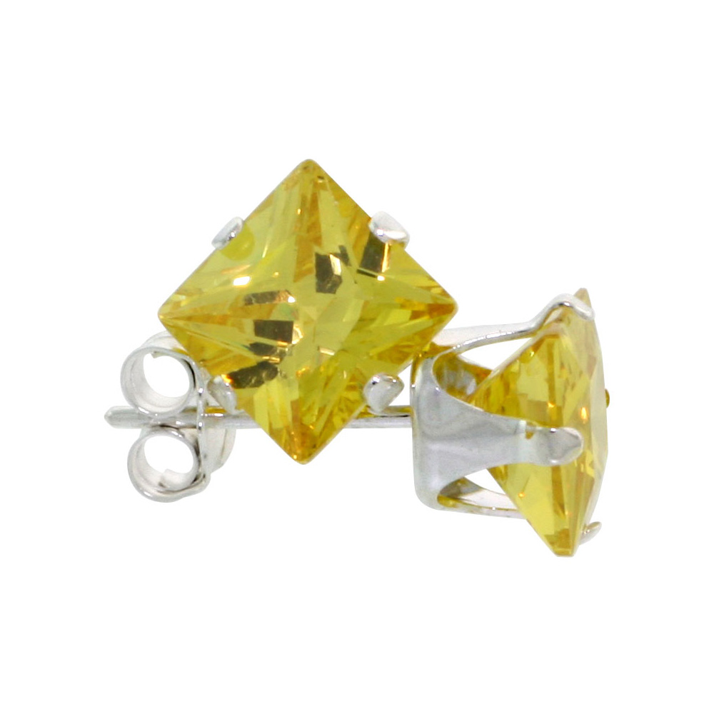 3 Pair Set Sterling Silver Cubic Zirconia Square Citrine Earrings Studs 6 mm Princess cut Yellow 2.5 ct./pr