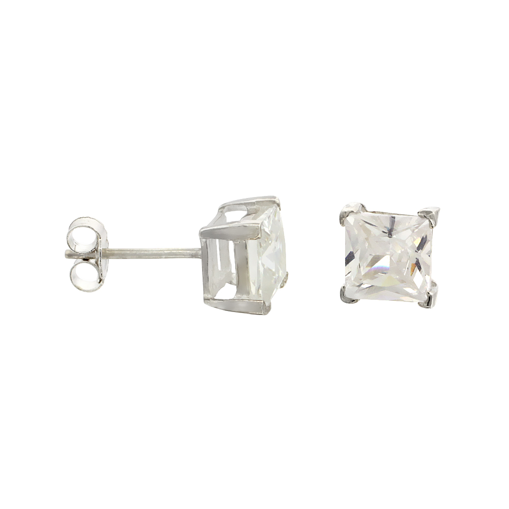 Sterling Silver Cubic Zirconia Square Earrings Studs 6 mm Princess cut Basket Setting 2.5 ct./pr