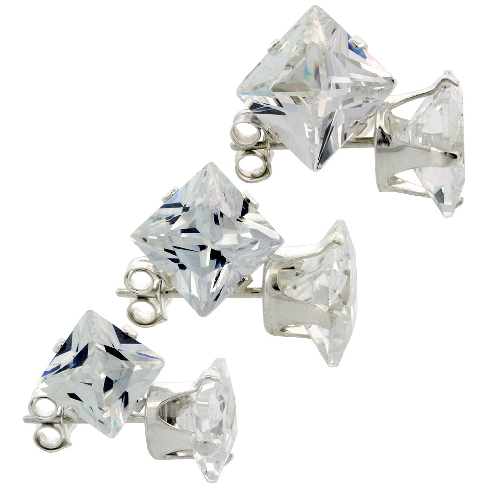 3 Pair Set Sterling Silver Cubic Zirconia Square Earrings Studs 6 7 and 8mm Princess cut