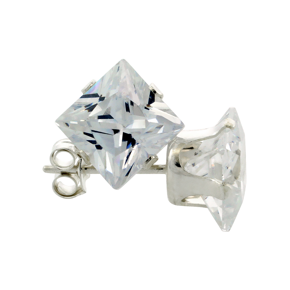 3 Pair Set Sterling Silver Cubic Zirconia Square Earrings Studs 4 Prong 7 mm Princess cut 4 ct./pr