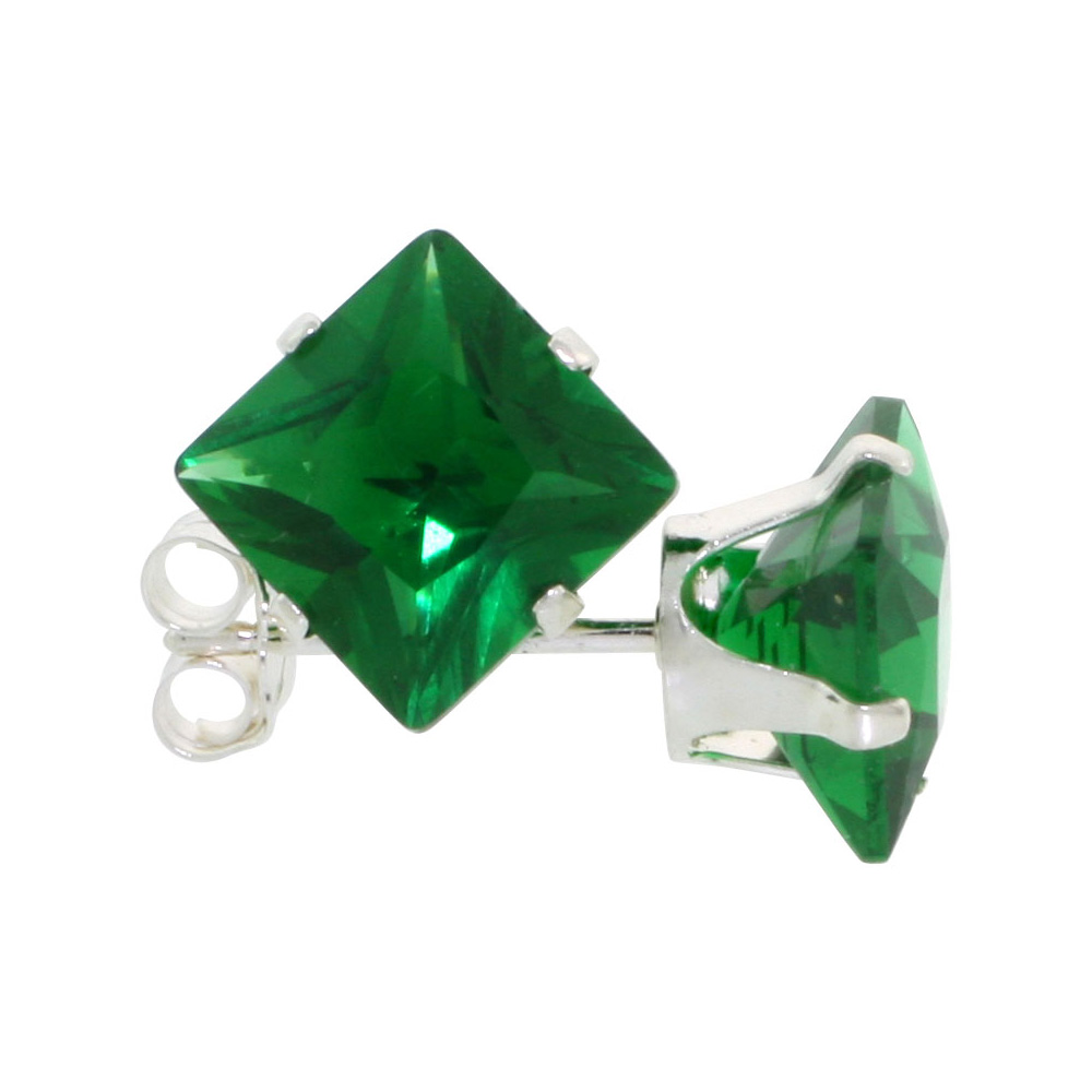 3 Pair Set Sterling Silver Cubic Zirconia Square Emerald Earrings Studs 7 mm Princess cut Green Color 4 ct./pr