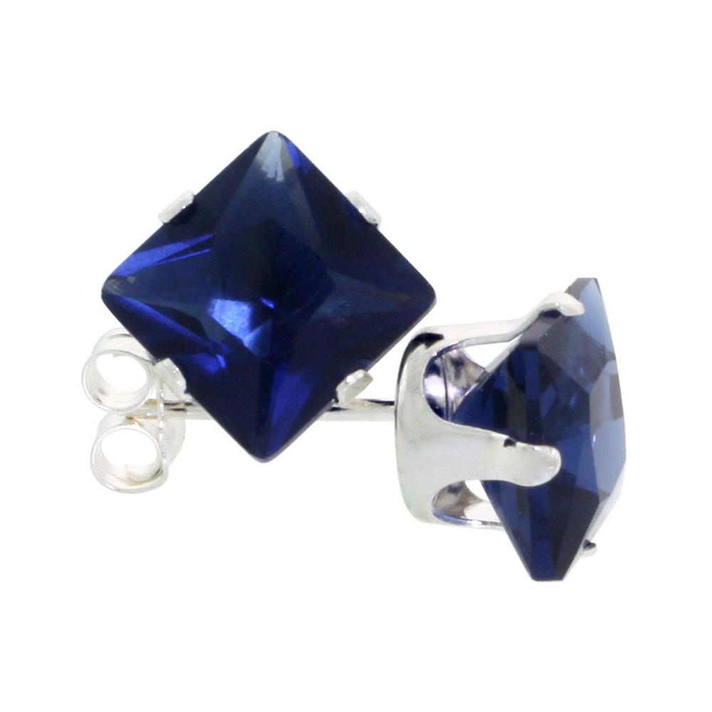3 Pair Set Sterling Silver Cubic Zirconia Square Sapphire Earrings Studs 7 mm Princess cut Navy color 4 ct./pr