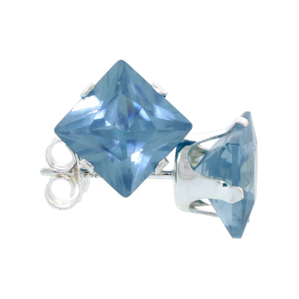 3 Pair Set Sterling Silver Cubic Zirconia Square Blue Topaz Earrings Studs 7 mm Princess cut Topaz Blue 4 ct./pr