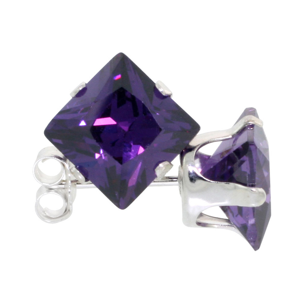 10 Pair Set Sterling Silver Cubic Zirconia Square Amethyst Earrings Studs 7 mm Princess cut Purple Color 4 ct./pr