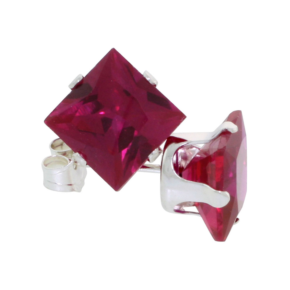 10 Pair Set Sterling Silver Cubic Zirconia Square Ruby Earrings Studs 7 mm Princess cut Red Color 4 ct./pr