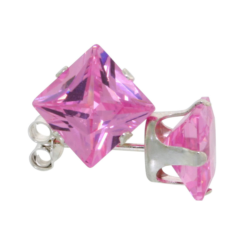3 Pair Set Sterling Silver Cubic Zirconia Square Pink Earrings Studs 7 mm Princess cut 4 ct./pr