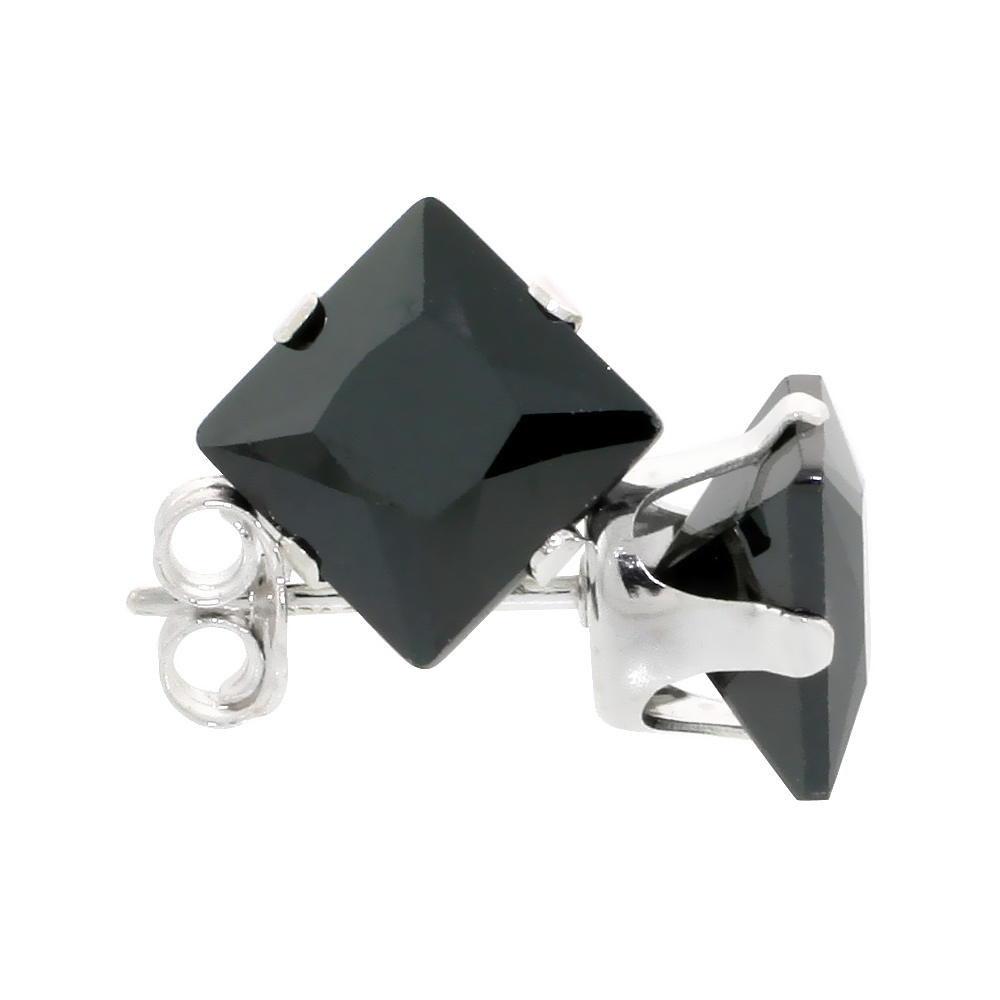 3 Pair Set Sterling Silver Cubic Zirconia Square Black Earrings Studs 7 mm Princess cut 4 ct./pr
