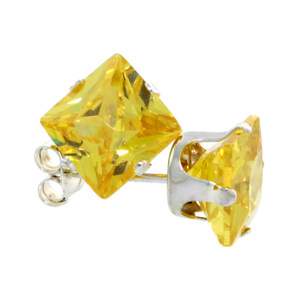 3 Pair Set Sterling Silver Cubic Zirconia Square Citrine Earrings Studs 7 mm Princess cut Yellow 4 ct./pr