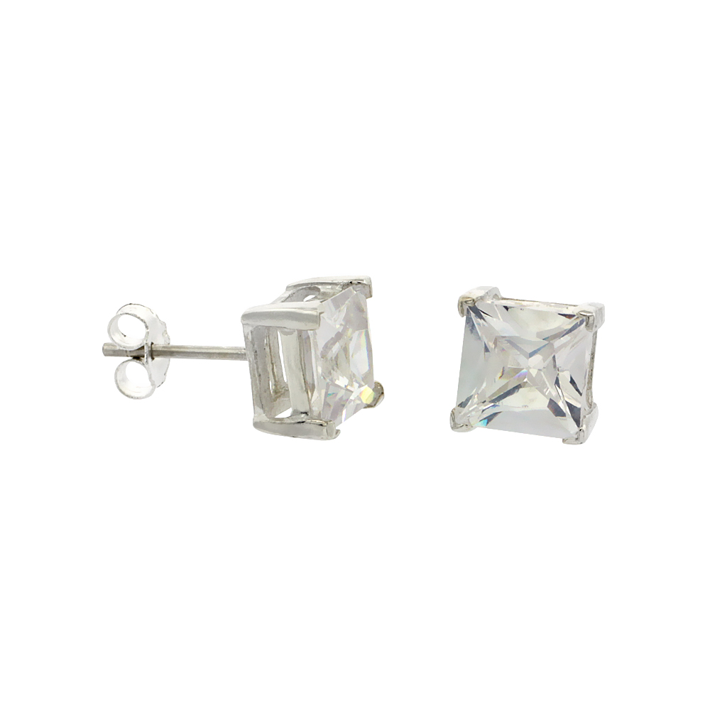 Sterling Silver Cubic Zirconia Square Earrings Studs 7 mm Princess cut Basket Setting 4 ct./pr