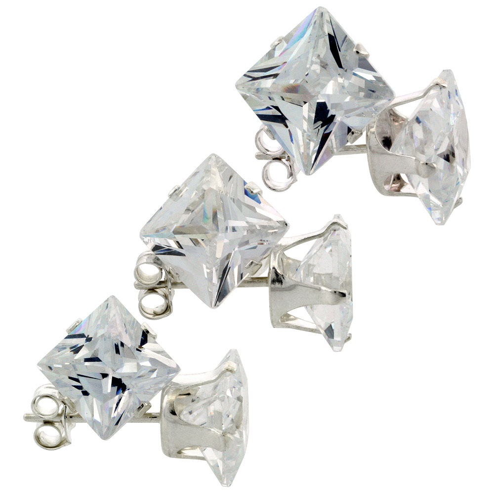 3 Pair Set Sterling Silver Cubic Zirconia Square Earrings Studs 7 8 and 9mm Princess cut