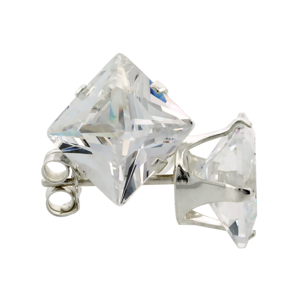 3 Pair Set Sterling Silver Cubic Zirconia Square Earrings Studs 4 Prong 8 mm Princess cut 6 ct./pr