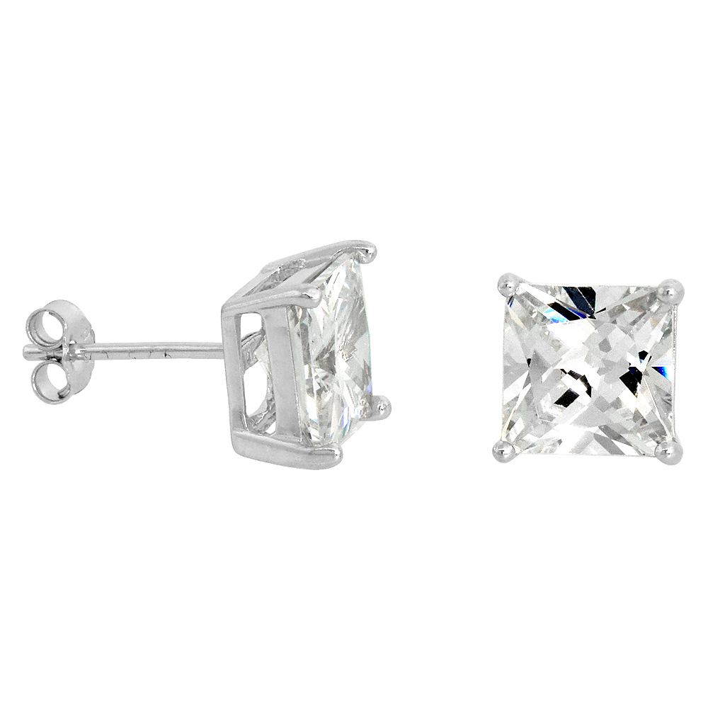 Sterling Silver Cubic Zirconia Square Earrings Studs 8 mm Princess cut Basket Setting 6 ct./pr