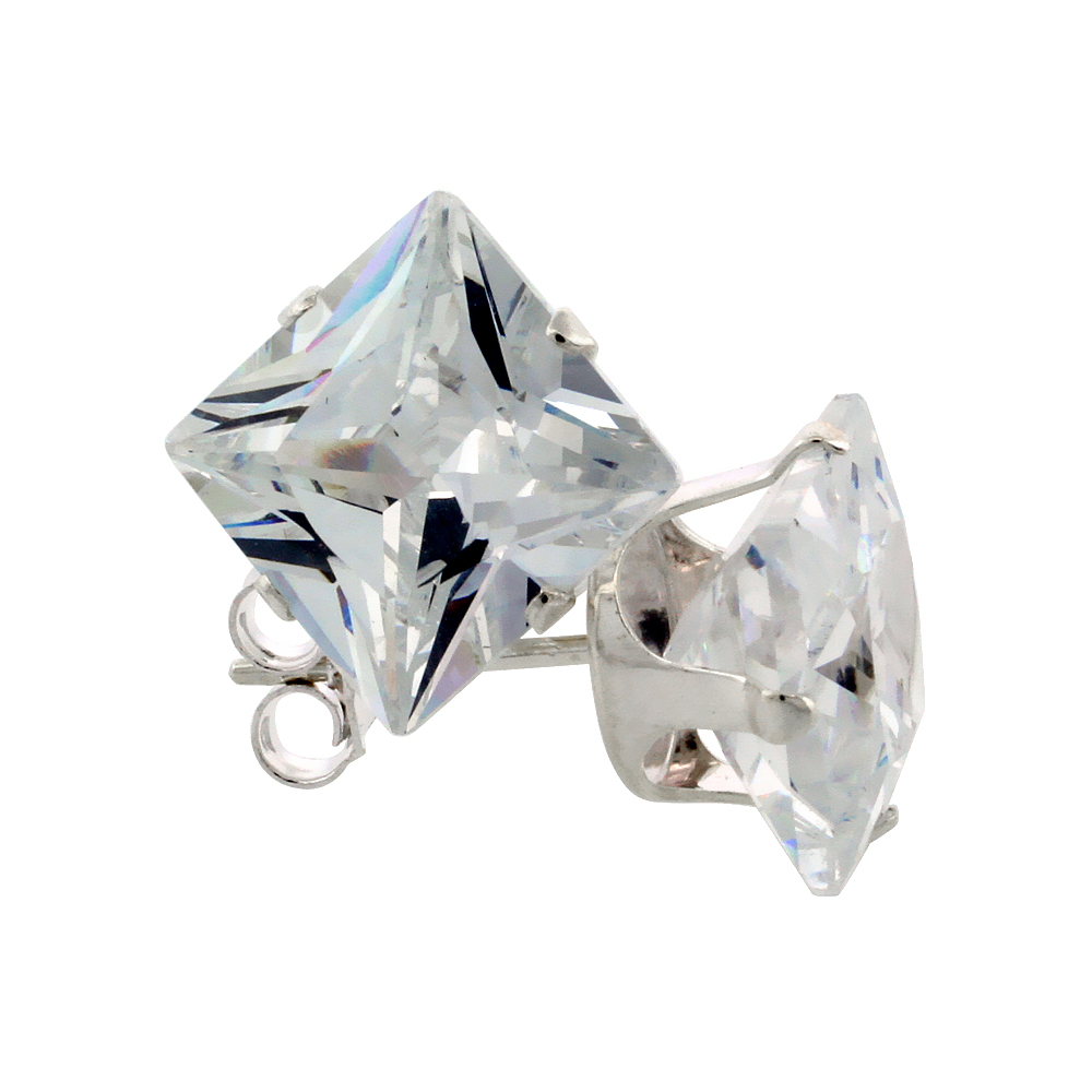 Sterling Silver Cubic Zirconia Square Earrings Studs 4 Prong 9 mm Princess cut 8 ct./pr