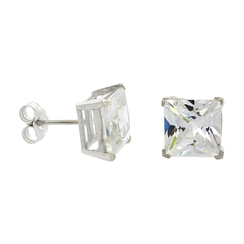 Sterling Silver Cubic Zirconia Square Earrings Studs 9 mm Princess cut Basket Setting 8 ct./pr