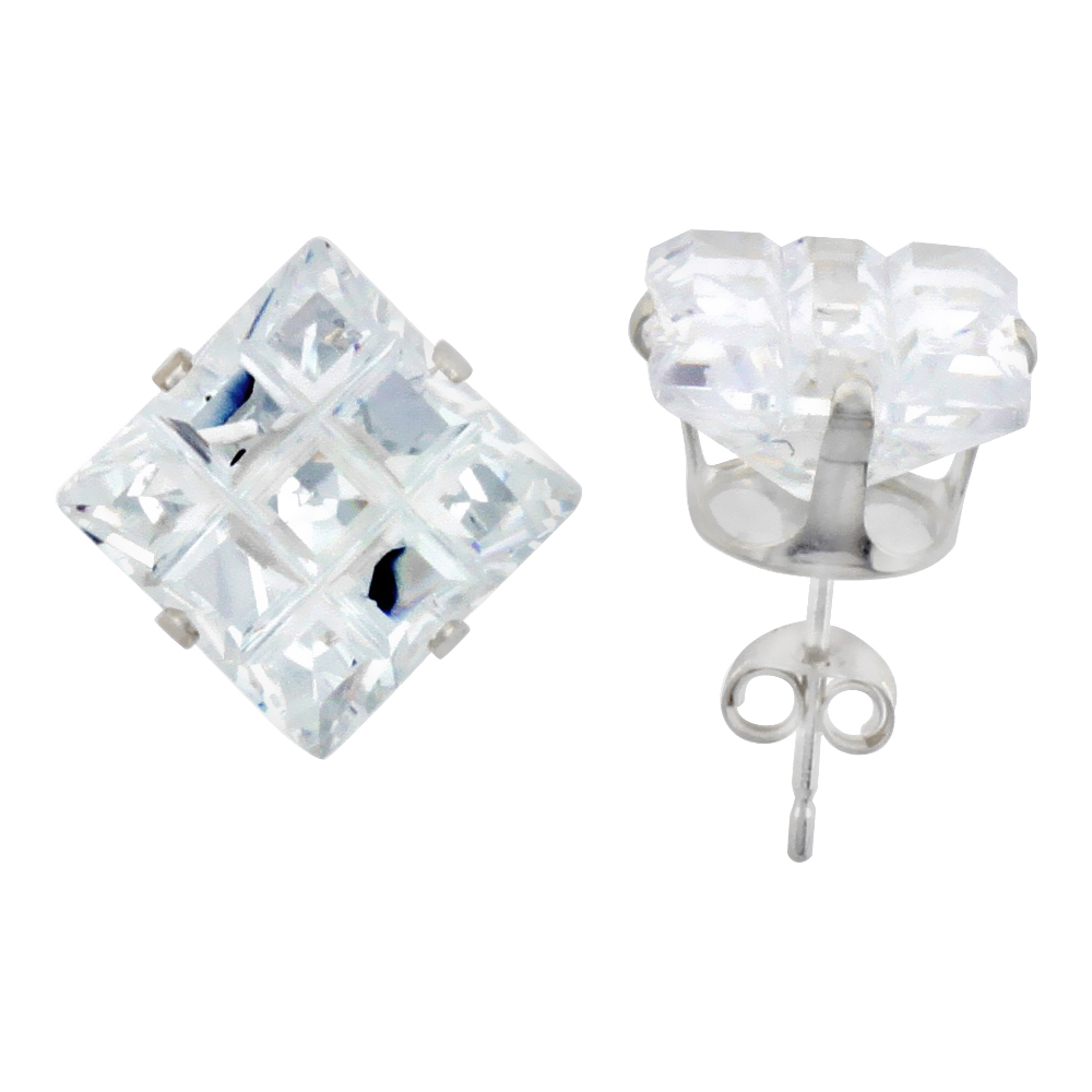 3 Pair Set Sterling Silver Cubic Zirconia Invisible Cut Square Earrings Studs 10 mm 4 Prong 11 ct./pr