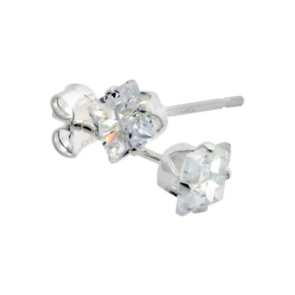 3 pc Set Sterling Silver Cubic Zirconia Invisible Cut Square Earrings Studs 4 mm 4 Prong 1/3 carat/pc