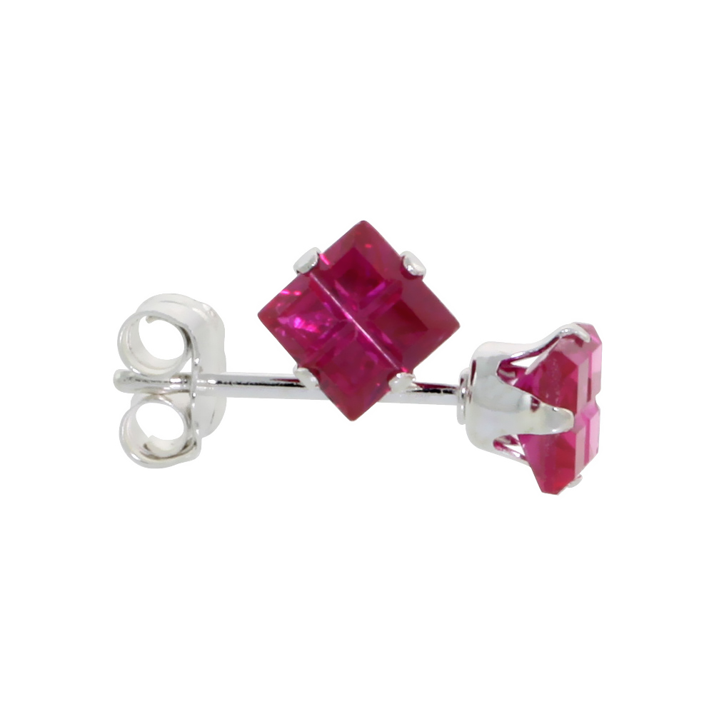 3 Pair Set Sterling Silver Cubic Zirconia Invisible Cut Square Ruby Earrings Studs Red Color 3/4 ct./pr