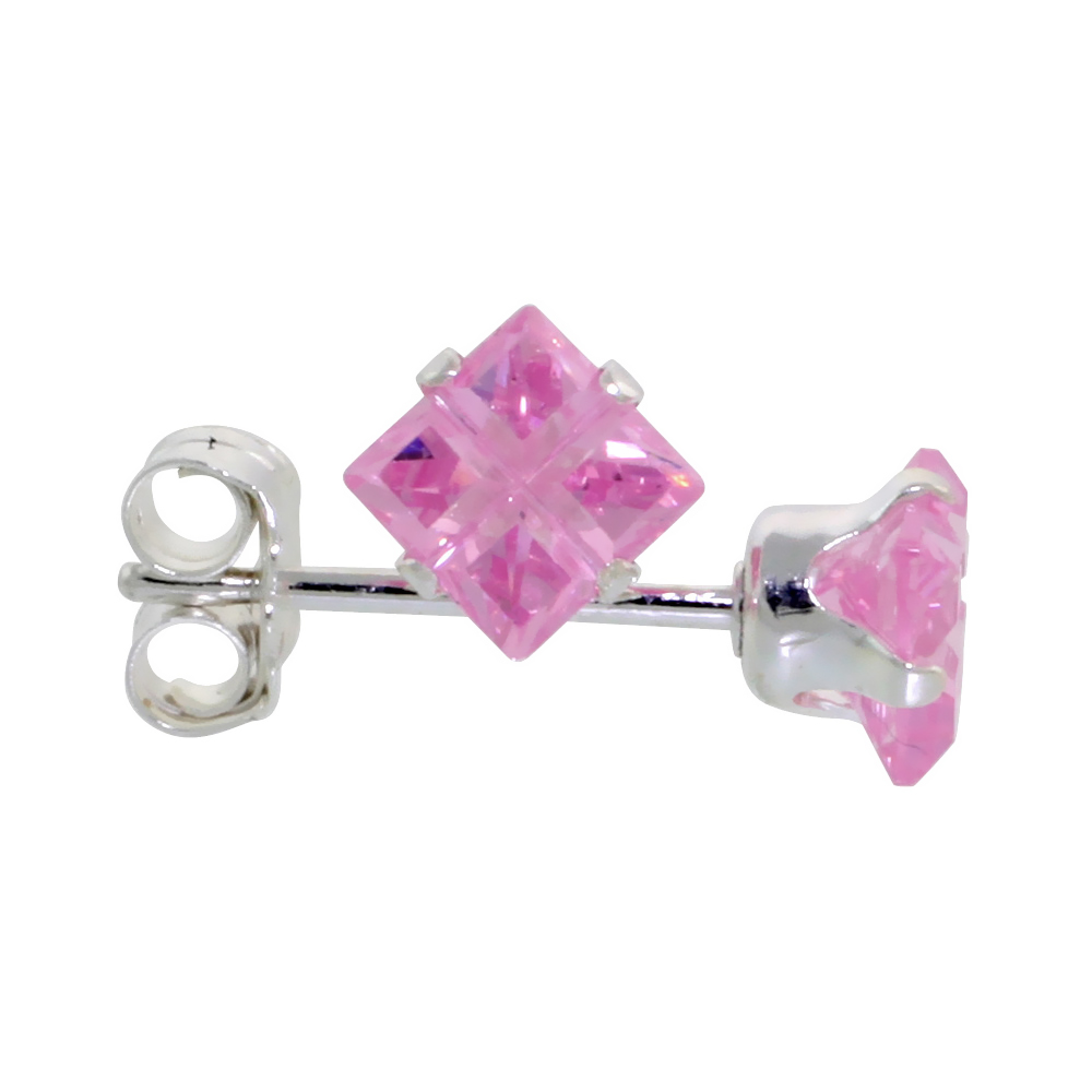 10 Pair Set Sterling Silver Cubic Zirconia Invisible Cut Square Pink Earrings Studs 3/4 ct./pr