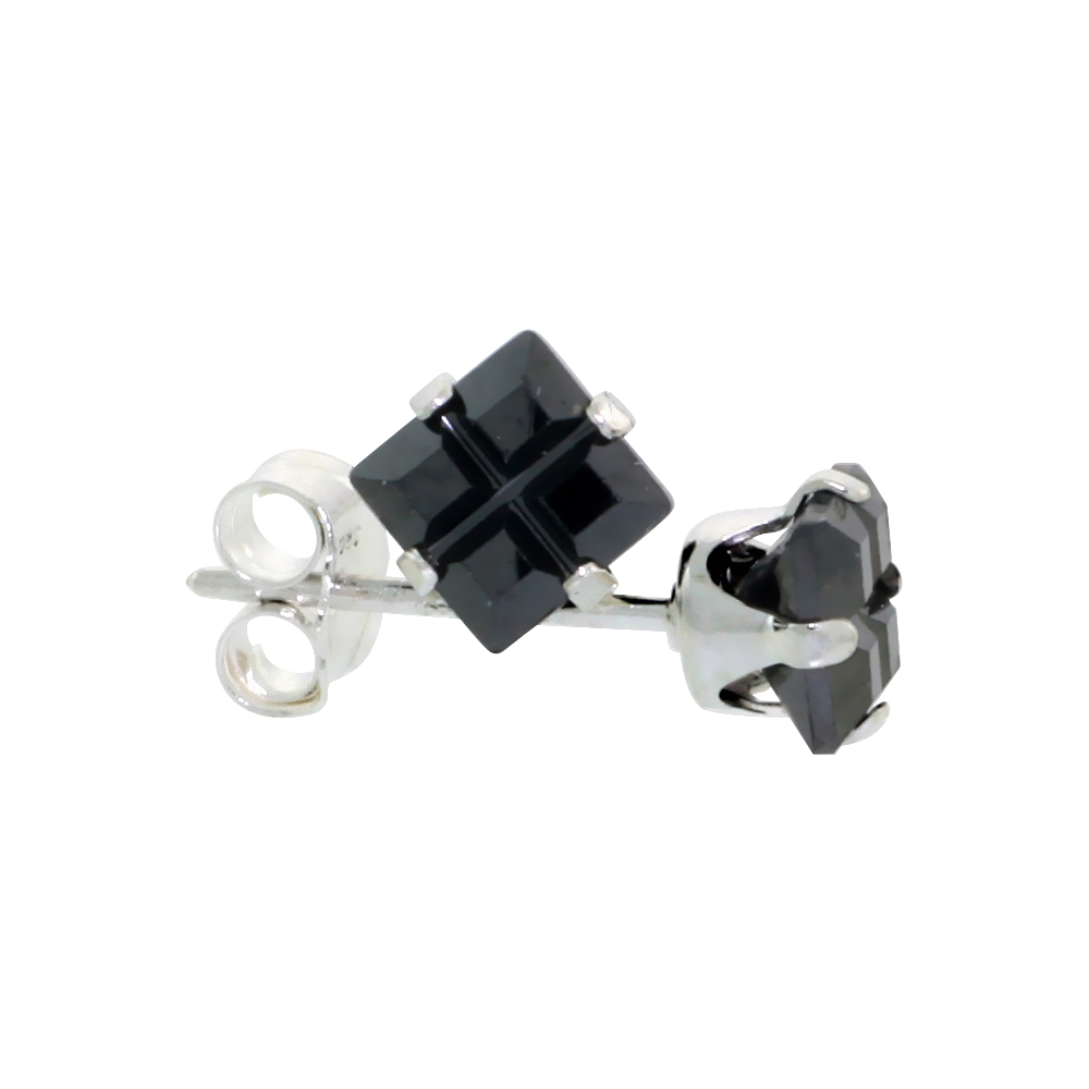 3 Pair Set Sterling Silver Cubic Zirconia Invisible Cut Square Black Earrings Studs 3/4 ct./pr